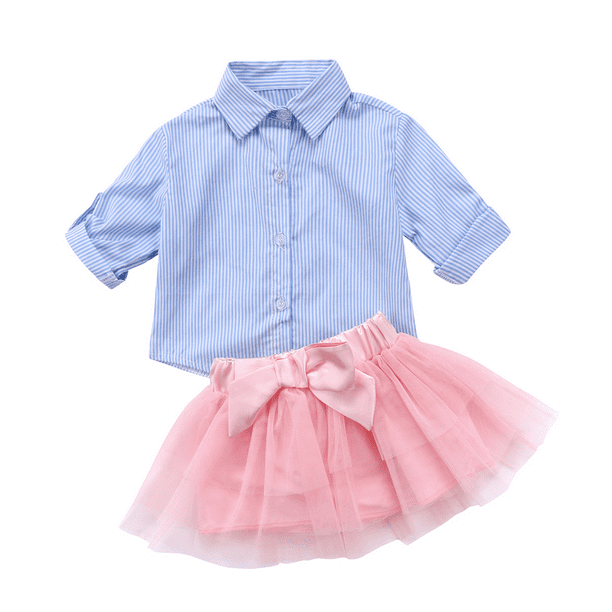 2Pcs Newborn Baby Bow-tie Lace Tops Shirt Plaid Skater Skirt Clothes Outfit Sets